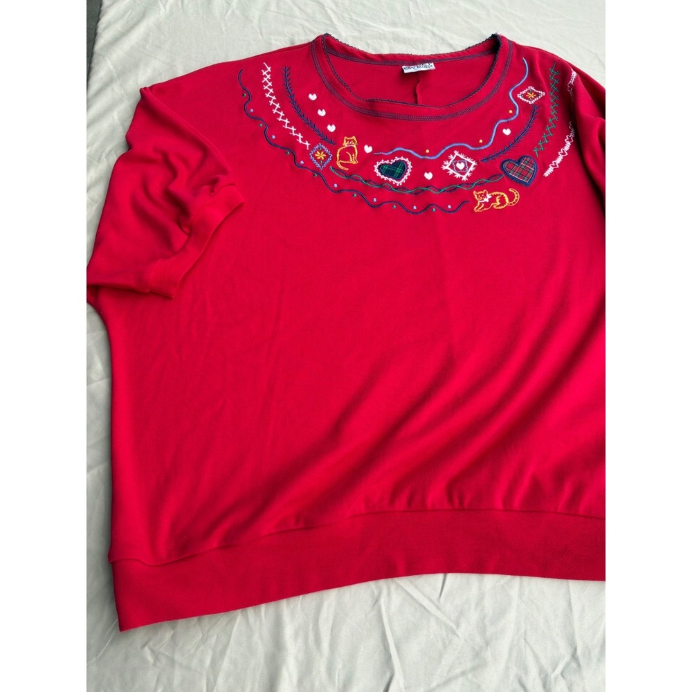 Vintage Womens Koret City Blues Embroidered Cat Heart Top XL Red